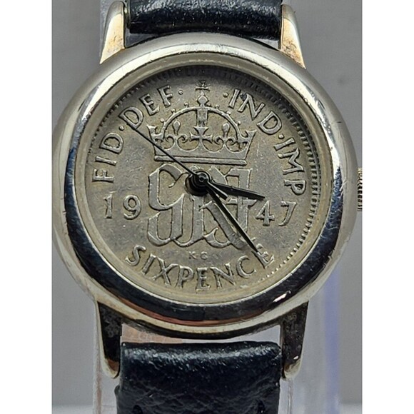 Peers Hardy Sixpence Coin Watch 1964 Womens Black Leather New Battery Vintage UK main image 6